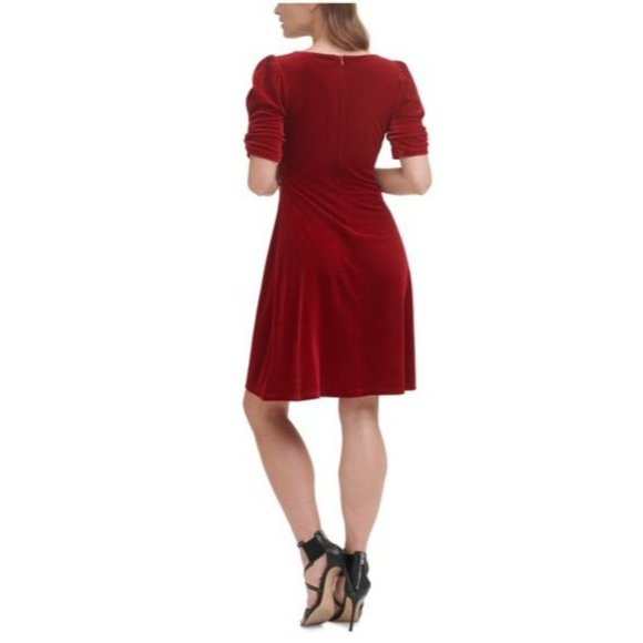 DKNY Womens Red Ruched Zippered Velvet Pouf Sleeve V Neck Dress 16 NWT - Picture 3 of 13